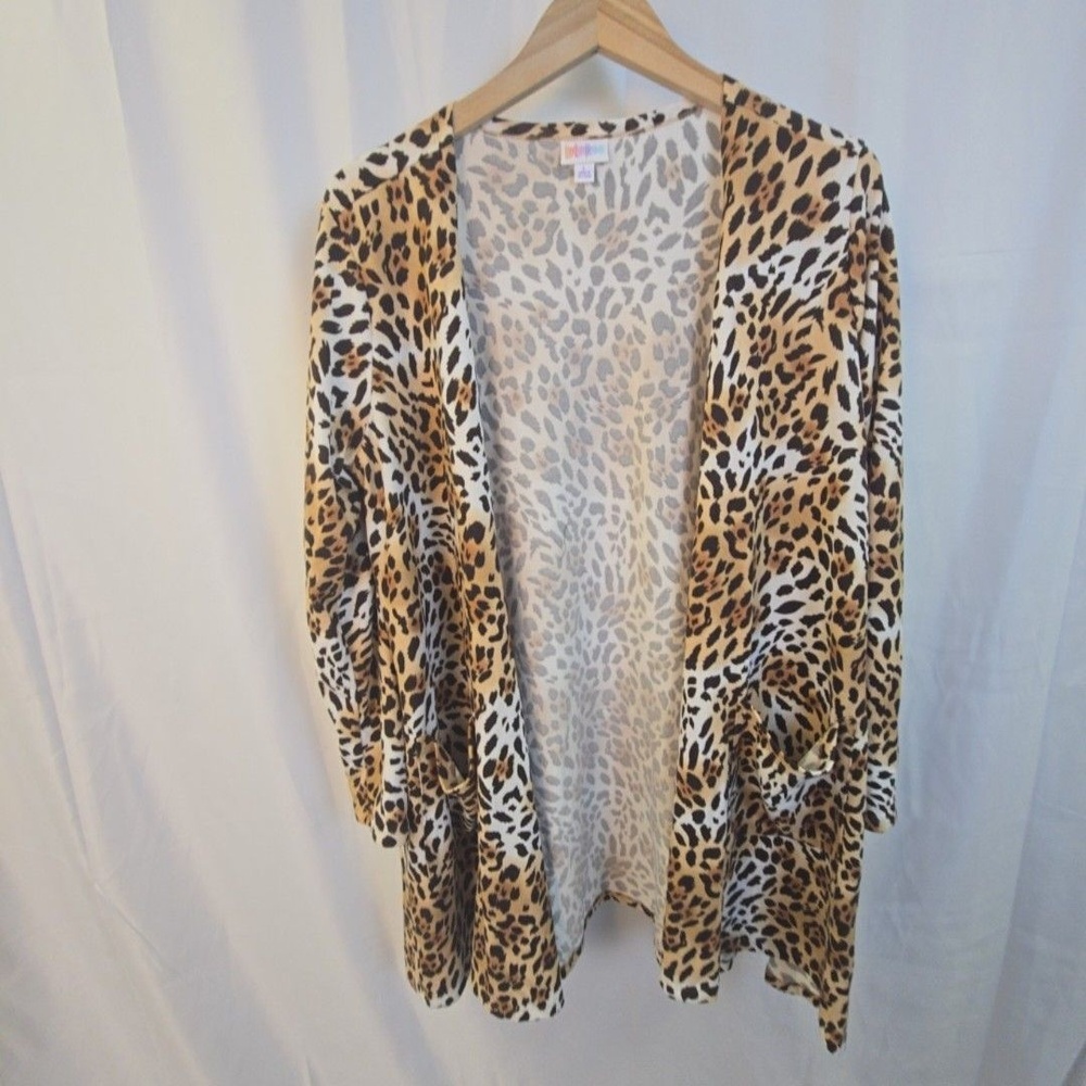 LuLaRoe Kimono Jacket Womens Large Brown Leopard Print Open Front Pockets